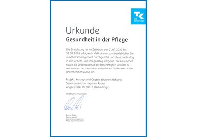 Haus im Anger erhält Urkunde der Techniker Krankenkasse